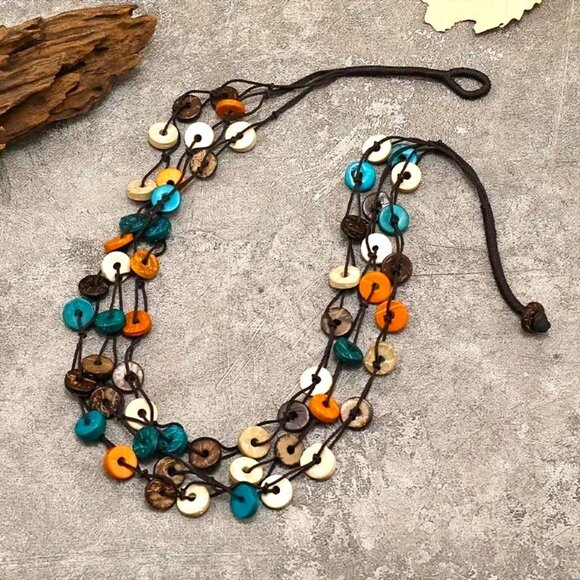 Necklace & Earrings Set Wood Boho Hippie Circle Round Handmade Chic Stylish NEW - Picture 3 of 4